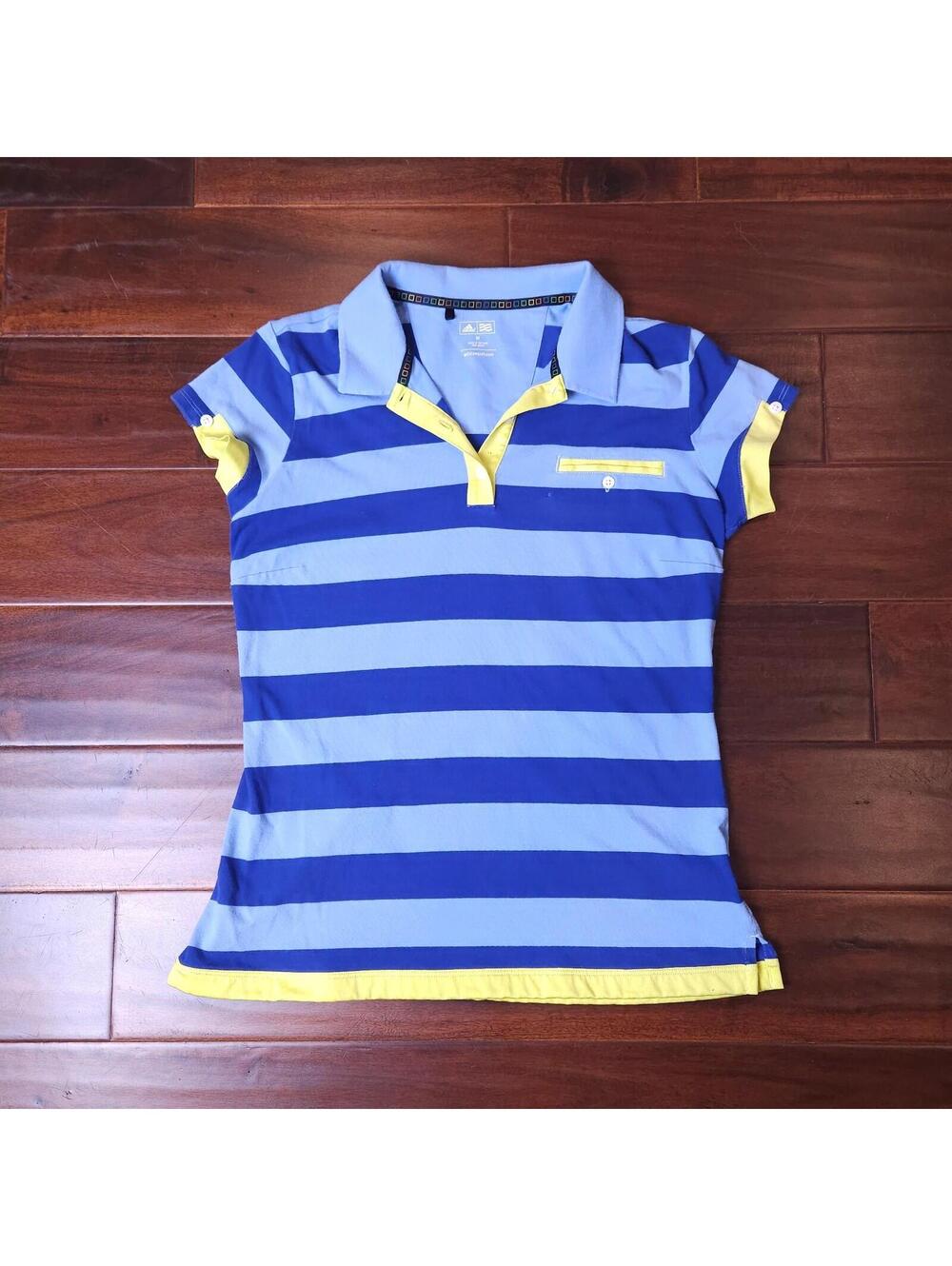 Adidas Golf Blue Striped Yellow Trim Women's Medium Polo